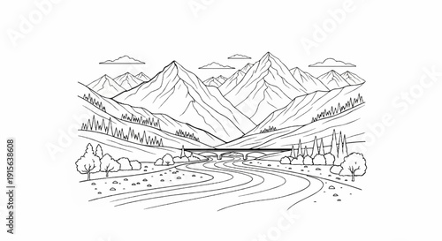 Serene mountain landscape with a winding river and an arched bridge