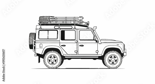 Rugged off-road vehicle with roof rack and spare tire
