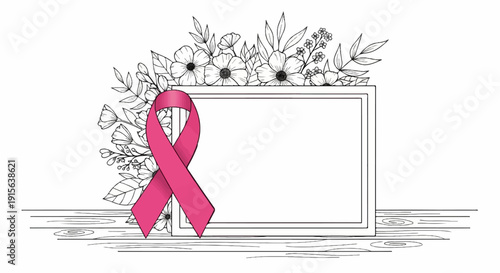 Pink ribbon adorns framed floral sketch on wooden planks