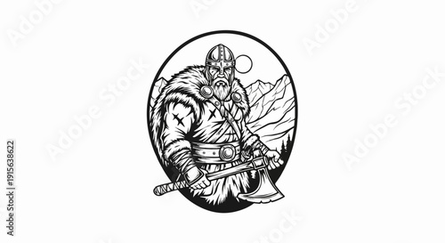Rugged warrior in fur coat, helmet, and axe, set against mountains