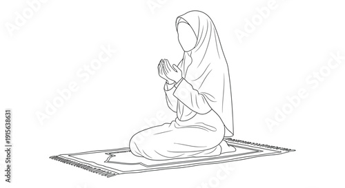 A black and white line drawing depicts a woman in a hijab kneeling on a prayer rug hands clasped in prayer showing devotion