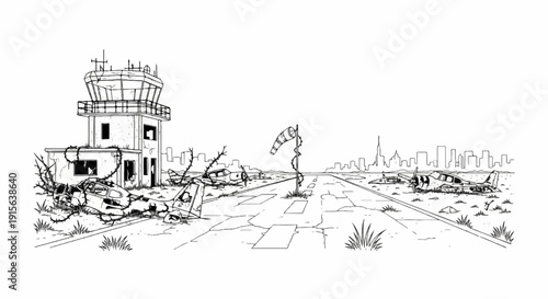 Ruined airport with crashed planes, control tower, and distant cityscape