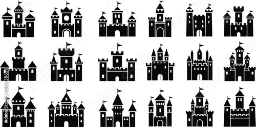 Castle silhouette vector illustration, medieval fortress icons, fantasy architecture artwork, tower design elements, battlement graphic, royal palace symbol, historic castle