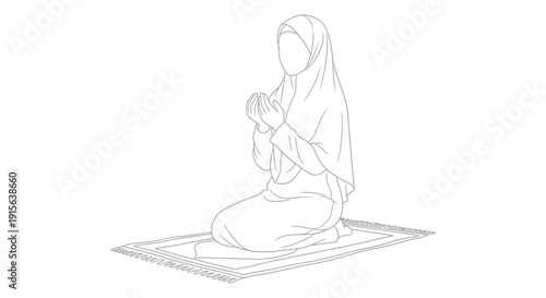 A black and white line drawing depicts a woman in a hijab kneeling on a prayer rug hands clasped in prayer displaying devotion