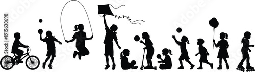 Children silhouette vector illustration, outdoor play icons, childhood activity artwork, sports design elements, recreation graphic, playful kids symbol, fun lifestyle