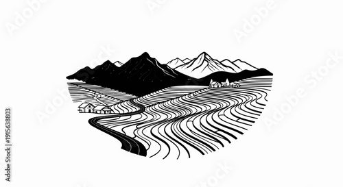 Rural landscape with terraced fields, mountains, houses, and a winding road