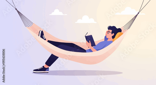 Relaxed individual enjoys a book while lounging in a soft hammock outdoors