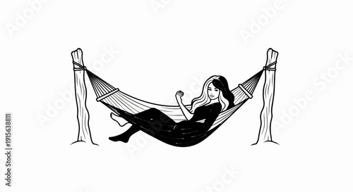 Relaxed woman in black dress lounging in a striped hammock suspended between two wooden posts
