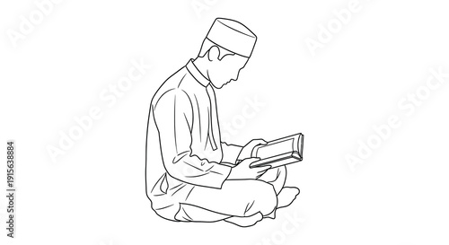 A black and white line drawing depicts a man wearing a traditional hat and robe seated and reading a book or religious text