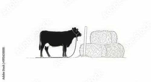 Silhouette of a black cow tied to a post next to hay bales