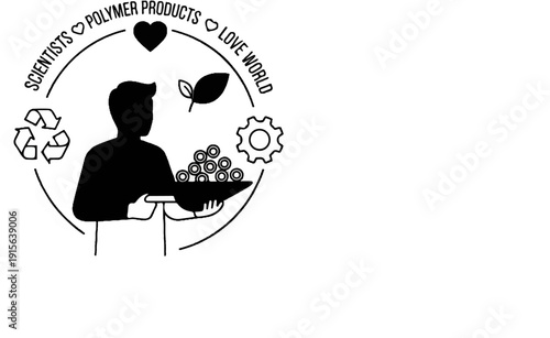 Silhouette holding tray with materials; circular icons of recycling, leaf, gear