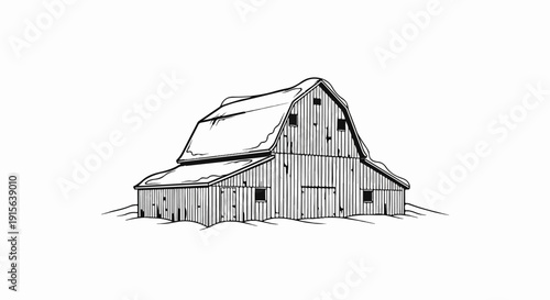 Rustic wooden barn structure covered in snow with a large gambrel roof