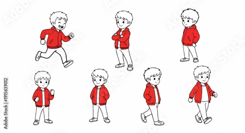 Seven cartoon illustrations of a boy in different poses and actions
