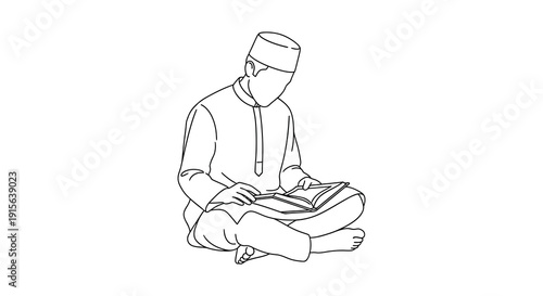 A black and white line drawing depicts a man wearing a traditional cap and seated cross legged seemingly reading or studying an open book