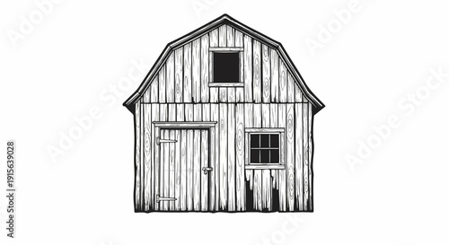 Rustic wooden barn with a door and two windows, sketched