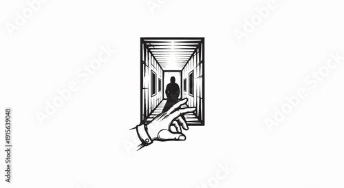 Silhouette figure in vanishing hallway, hand reaching out