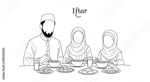 A black and white illustration depicts a muslim family sharing an iftar meal at a table during the holy month of Ramadan showing