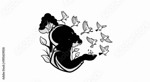 Silhouette feeding birds and growing tree with leaves