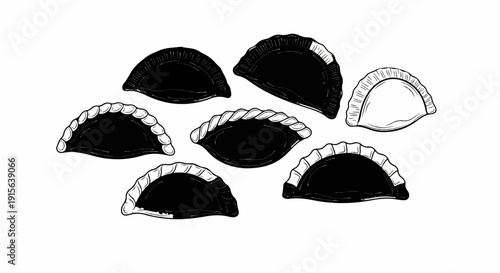 Seven hand-drawn empanadas, mostly black filling, white dough