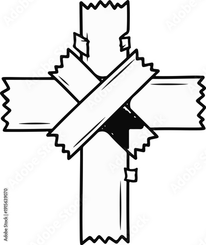 Rustic wooden cross construction with notched joints and taped reinforcements