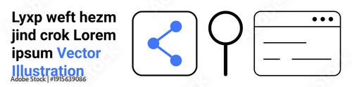 Social media, data sharing, internet search, website interface, online communication, technology. Blue share icon, magnifying glass browser window. Social media and data sharing concept