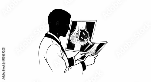 Physician examining medical scans of breasts with a magnifying glass