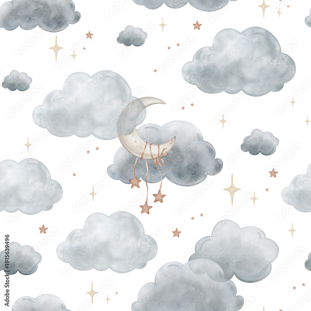 Obraz premium Seamless pattern with Blue Grey Air Clouds and moon. Cute baby's repeat ornaments with stars Isolated hand drawn Watercolor illustration. Design for kids goods, textiles, children's room