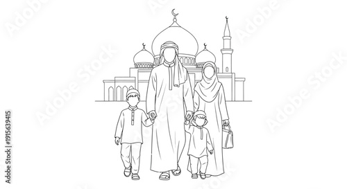 A line drawing depicts a muslim family of five standing in front of an ornate mosque with a crescent moon and minaret