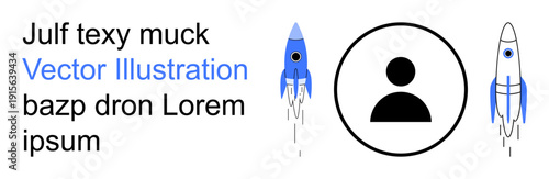 Technology, identity, creativity, exploration, space, communication. Two blue rockets and a user icon with sample text. Technology and identity concepts illustrated with dynamic shapes