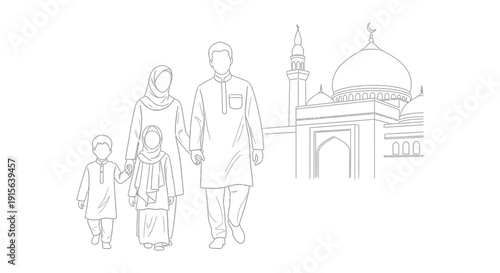 A black and white sketch depicts a muslim family consisting of a mother father and son walking towards a mosque with a minaret