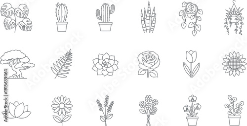 Collection of various line art botanical icons featuring house plants flowering species trees and decorative foliage suitable for gardening and nature design projects