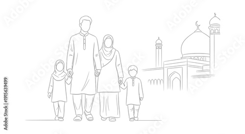 A black and white sketch illustration depicts a muslim family walking hand in hand in front of a mosque representing unity and faith