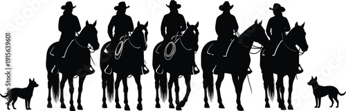 Cowboy silhouette vector illustration, horse riding icons, western ranch artwork, dog companion graphic, rural lifestyle design, cowboy hat symbol