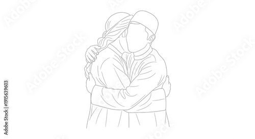 A black and white line drawing depicts two people embracing in a tender hug showcasing affection and closeness in a minimalist artistic style