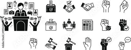 Vector illustration set of 20 black and white icons for election, voting, democracy, and political protest movements।