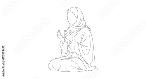A black and white line drawing depicts a woman wearing a hijab kneeling and praying with her hands clasped in a gesture of