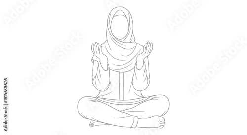 A black and white line drawing depicts a woman wearing a hijab in a seated lotus position hands raised in prayer or meditation