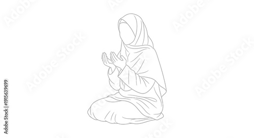 Fotografie A black and white line drawing depicts a woman in a hijab kneeling with her hand
