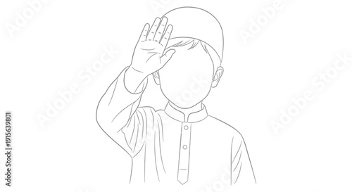 A black and white line drawing depicts a young boy wearing a traditional cap and clothing raising his hand in a greeting or
