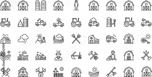 Farming vector illustration, agriculture icons, barn silhouette, tractor artwork, farmer symbol, rural life design, crop field graphic, farm tool emblem