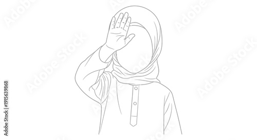A black and white line drawing depicts a woman wearing a hijab raising her hand to her forehead in a gesture of greeting
