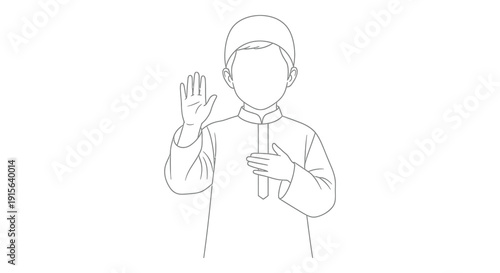 A black and white line drawing depicts a person in traditional clothing raising their hand in a gesture of greeting or blessing seemingly