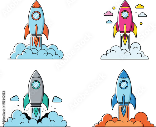 Vector illustration set of 4 colorful rockets launching with smoke clouds for space startup and technology projects।
