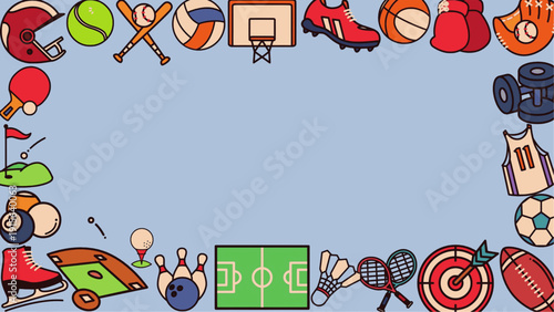 Vibrant sports equipment frame on lilac background, creating a colorful border with ample copy space for text. Healthy athletic lifestyle element. Ideal for banner, wallpaper, card, ads, poster, flyer