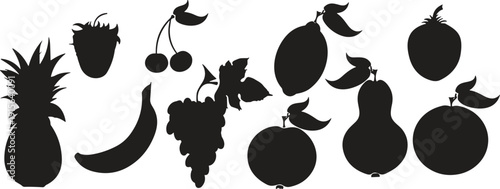 Fruit silhouette collection, tropical and fresh fruits set, apple banana pineapple grapes icons, black vector illustration, isolated food shapes design