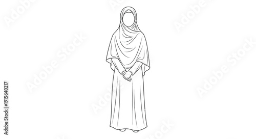 A black and white line drawing depicts a woman wearing a traditional hijab and long flowing garment standing with arms folded