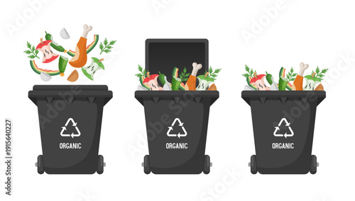 Recycling bin for organic waste. Black trash can. Vector illustration