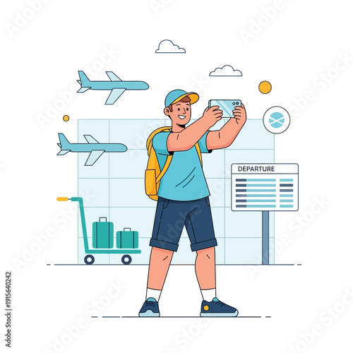 Young Man Captures Travel Memories at Airport Departure Terminal