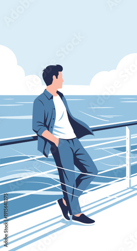 Young Man Contemplating Ocean Views on a Modern Ship Deck
