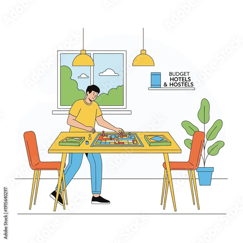 Young Man Engaged In A Board Game At A Brightly Lit Table